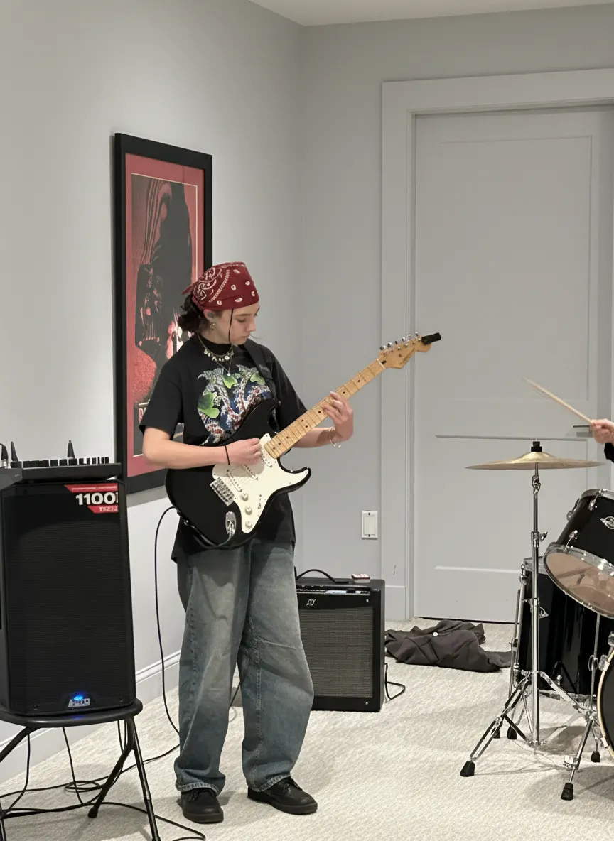 Students playing electric guitar and drums in studio